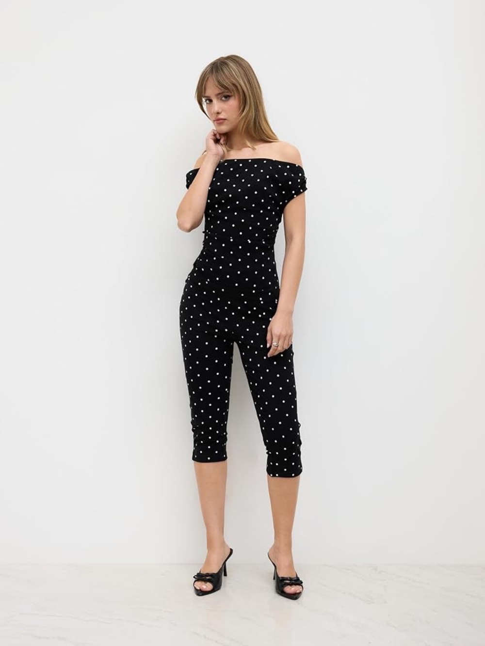Cider Black Polka Dot Off-Shoulder Cropped Jumpsuit